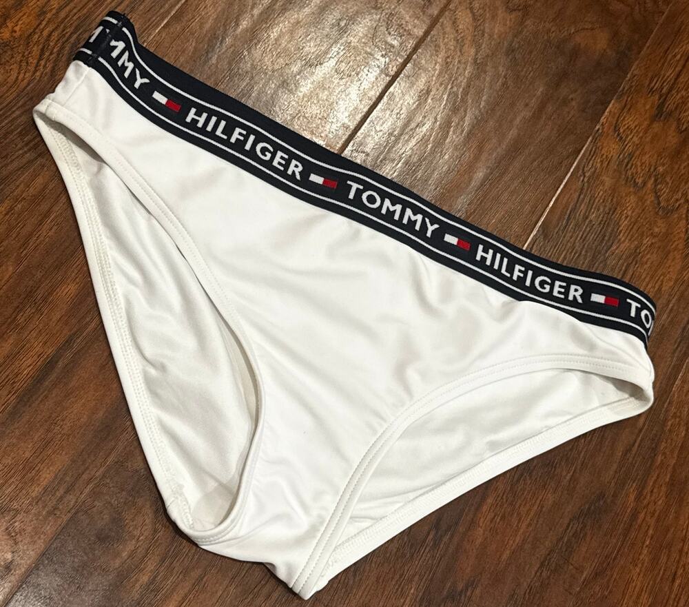 Tommy Hilfiger Logo White Blue Bikini Tankini Bottom Sz Small Hipster Classic